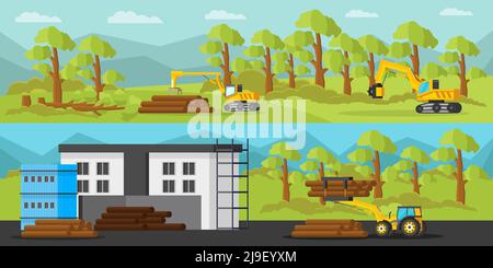 Industrial wood production horizontal banners with timber loader harvester tractor and trees cutting transportation storage processes vector illustrat Stock Vector