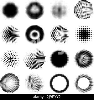 Monochrome halftone effects circles set with different dotted round shapes isolated vector illustration Stock Vector