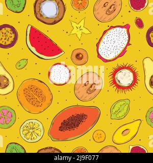 Colored sketch exotic products seamless pattern with natural tropical fruits on yellow background vector illustration Stock Vector