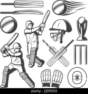 Vintage cricket elements collection with players wicket and sport equipment in hand drawn style isolated vector illustration Stock Vector