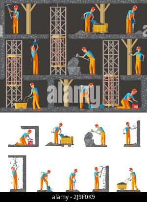 Mining industry flat composition with working miners holding different instruments and tools vector illustration Stock Vector