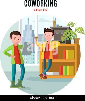 Business freelance office template with people in recreational area at coffee break in coworking center vector illustration Stock Vector