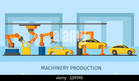 Industrial automated machinery manufacturing template with robotic arms and manipulators working on assembly line vector illustration Stock Vector