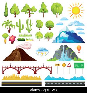Isolated cartoon landscape constructor set with sample trees mountains clouds bridges and road signs for combining vector illustration Stock Vector