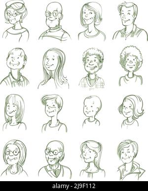 Set of hand drawn monochrome portraits of smiling adults and children of various age isolated vector illustration Stock Vector