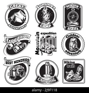 Outdoor tourism logos set with camping accessories and equipment in monochrome style isolated vector illustration Stock Vector