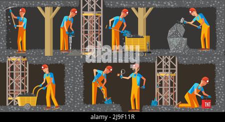 Coal extraction industry horizontal banners with working miners different equipment and tools in flat style vector illustration Stock Vector