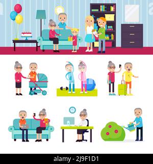 Senior people collection in recreational activities and different situations in flat style vector illustration Stock Vector