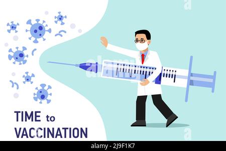 Young doctor man in protective mask with syringe fights coronavirus isolated on blue background. Healthcare, prevention pandemic and immunize. Stock Vector