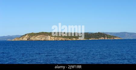 Island of Bagaud in front of the island of Port Cros which is part of the Hyeres islands is a protected maritime national park Stock Photo