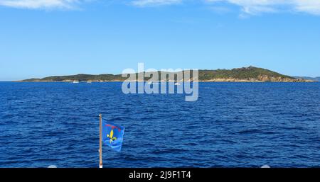 Island of Bagaud in front of the island of Port Cros which is part of the Hyeres islands is a protected maritime national park Stock Photo