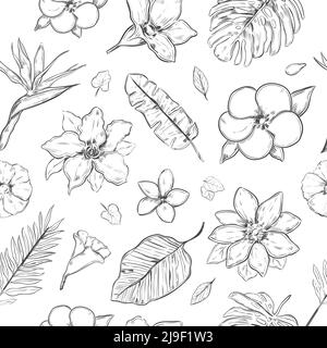 Hand drawn exotic plants seamless pattern with beautiful natural flowers and leaves in monochrome style vector illustration Stock Vector