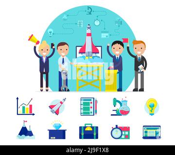 Start up company concept with people group launching rocket and business elements in flat style vector illustration Stock Vector