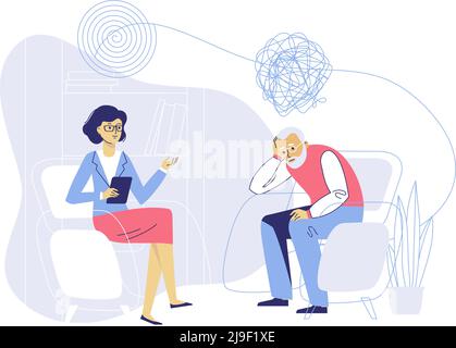 Psychologist woman and senior man patient in therapy session. Treatment of dementia, alzheimer disease and mental problems. Stock Vector