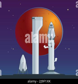 Flat rocket and spaceship concept before launch on night sky and planet background vector illustration Stock Vector