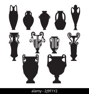 Silhouette set sketch of ceramic vases. Tall ancient Greek, Roman jar with two handles and a narrow neck. Vintage ceramic amphora, pottery, cups black Stock Vector
