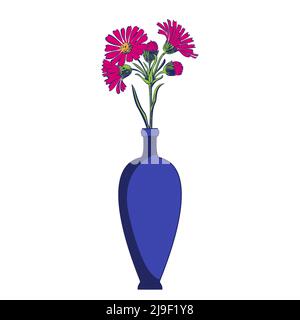 Colored vases with blooming flowers for decoration and interior. Pink Chrysanthemums bouquet in blue vase isolated on white background. Vector illustr Stock Vector