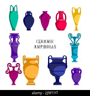Set of colored ceramic vases. Tall ancient Greek, Roman jar with two handles and a narrow neck. Vintage ceramic amphora, pottery, cups black isolated Stock Vector