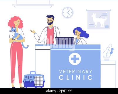 Young woman with cat and veterinarian in hospital hall background. Healthcare, medical treatment, prevention and immunize of pets. Stock Vector