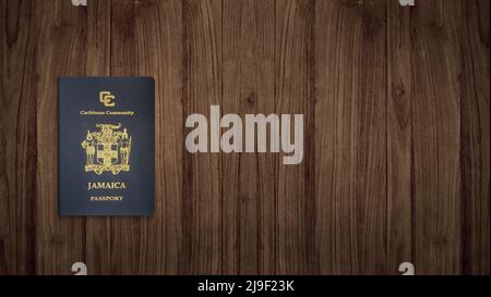 Jamaican passport on a wooden background ,The Jamaican passport is issued to citizens of Jamaica for international travel Stock Photo