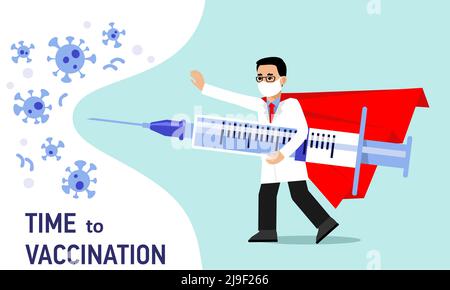 Young doctor hero man in protective mask with syringe fights coronavirus isolated on blue background. Healthcare, coronavirus, prevention and immunize Stock Vector