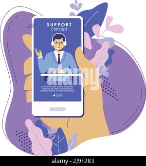 Young assistant man with headset in call center. Customer with phone. Stock Vector