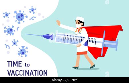 Young doctor hero woman in protective mask with syringe fights coronavirus isolated on blue background. Healthcare, coronavirus, prevention and immuni Stock Vector