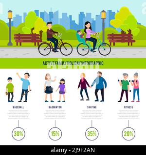 Healthy family infographic concept with people and the most popular games and sport activities on holiday vector illustration Stock Vector