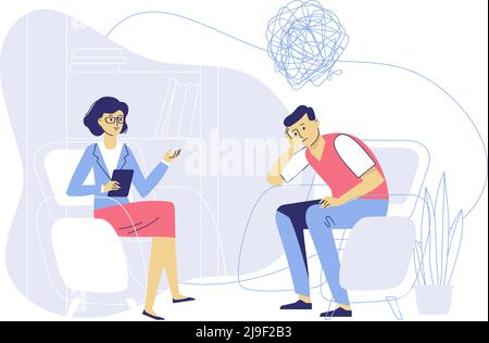 Psychologist woman and young man patient in therapy session. Treatment of stress, addictions and mental problems. Stock Vector