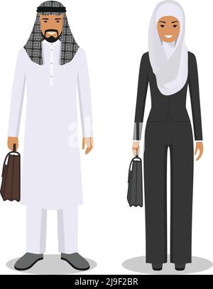 Couple of creative arab people isolated on white background. Set of business arabic man and woman standing together. Cute and simple in flat style. Stock Vector