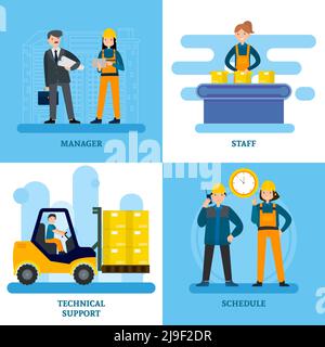 Colorful industrial square composition with factory and warehouse workers equipment and vehicles in flat style vector illustration Stock Vector