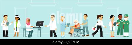 Group of young practitioner doctors men and women in hospital office. Consultation and diagnosis Stock Vector