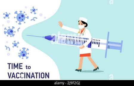 Young doctor woman in protective mask with syringe fights coronavirus isolated on blue background. Healthcare, prevention pandemic and immunize. Stock Vector