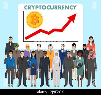 Cryptocurrency concept. Digital currency electronic money, exchange, mobile banking. Businessmen and graph with trend line rising up and coin with sig Stock Vector