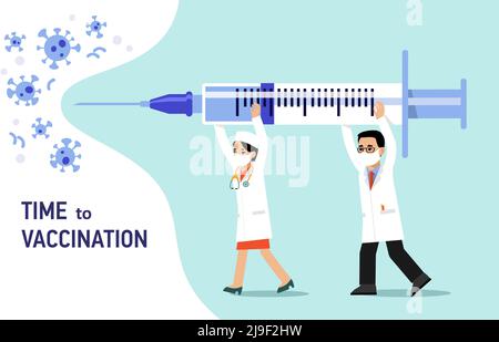 Young doctor man and woman in protective mask with syringe fights coronavirus isolated on blue background. Healthcare, coronavirus, prevention and imm Stock Vector