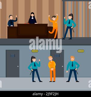 Judicial system horizontal banners with people in court session police officers and defendant near prison cell vector illustration Stock Vector