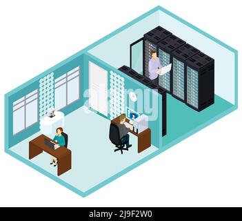 Isometric data center template with people working in office and technician repairing hosting servers vector illustration Stock Vector