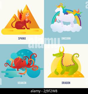 Fantasy creatures concept with sphinx sitting near pyramids unicorn walking on cloud kraken in water dragon lying on gold vector illustration Stock Vector