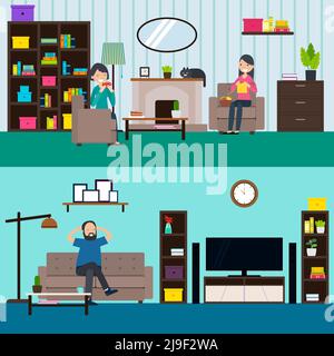 Colorful living room horizontal banners with people furniture and different variants of interior design vector illustration Stock Vector