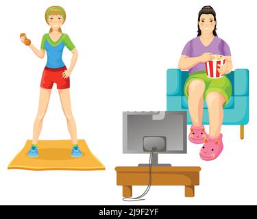 Weight loss concept with athletic slim girl doing exercises and fat woman sitting in armchair eating popcorn watching tv vector illustration Stock Vector