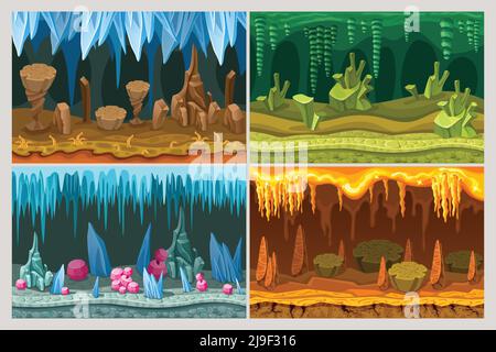 Cartoon game cave landscapes set with rocks plants and different natural elements materials textures vector illustration Stock Vector