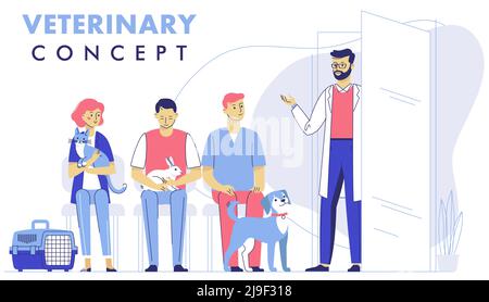 Peoples in line with pets, dog, cat, rabbit and veterinarian in hospital hall background. Healthcare, medical treatment, prevention and immunize of pe Stock Vector