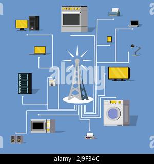 Wireless connection concept with radio tower transmitting wifi signal to electronic devices and appliances isolated vector illustration Stock Vector
