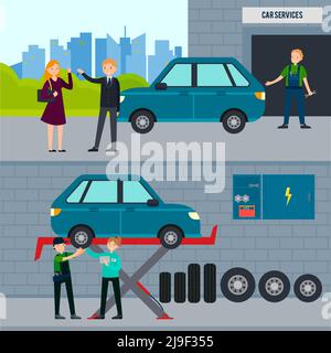 Auto and tire services horizontal banners with car repair workshop and mechanics changing wheel in garage vector illustration Stock Vector