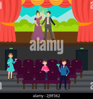 Theatre flat banner set with actors scenario decorations isolated ...