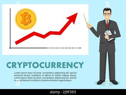 Businessman and graph with trend line rising up and coin with a sign of bitcoin in flat style isolated. Bitcoin sign, digital currency, cryptocurrency Stock Vector