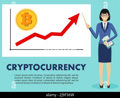 Businesswoman and graph with trend line rising up and coin with a sign of bitcoin in flat style isolated. Bitcoin sign, digital currency, cryptocurren Stock Vector