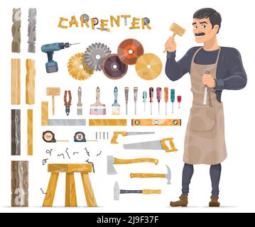 Carpenter elements collection with chisel planks screwdrivers brushes pliers drill axe hammer level circular saw stool nails isolated vector illustrat Stock Vector