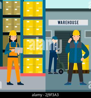 Colorful people in warehouse vertical banners with employees and staff inside storage in flat style vector illustration Stock Vector