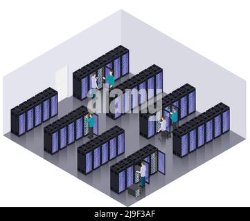 Isometric datacenter hosting servers room concept with professional engineers and technicians vector illustration Stock Vector